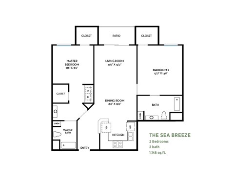 Floor plan for 2 beds, 2 baths, 1148 sqft